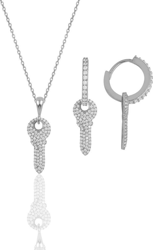 Gümüş rodyumlu zirkon taşlı anahtar kolye ve küpe ikili set  - Image 1