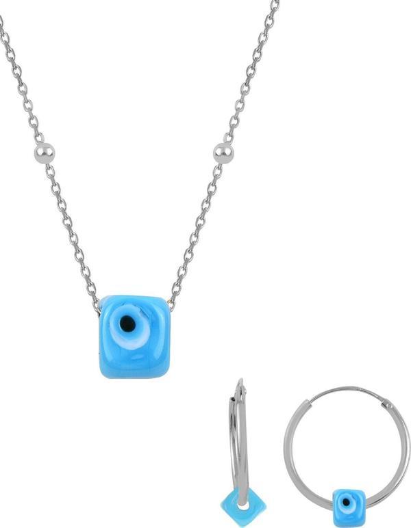 Gümüş rodyumlu   top top zincirli nazarlı turkuaz set  - Image 1