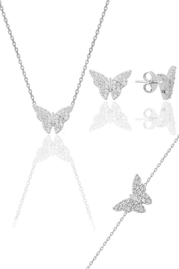 Gümüş rodyumlu zirkon taşlı kelebek kolye küpe ve bileklik üçlü set  - Image 1