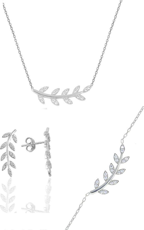 Gümüş rodyumlu zirkon taşlı yaprak  üçlü set  - Image 1