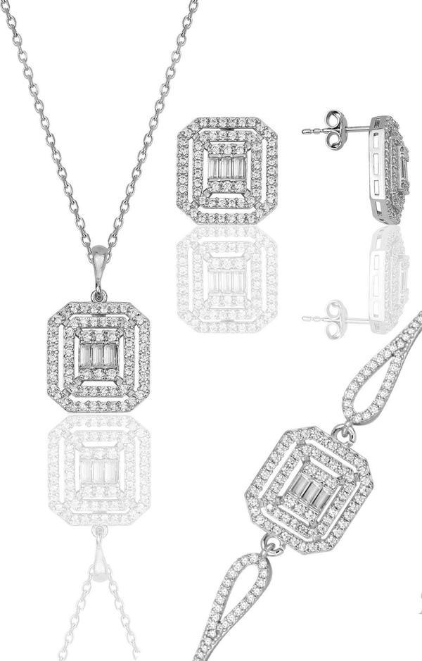 Gümüş Rodyumlu Pırlanta Montürlü Taşlı Baget Kolye Bileklik ve Küpeden oluşan set  - Image 1