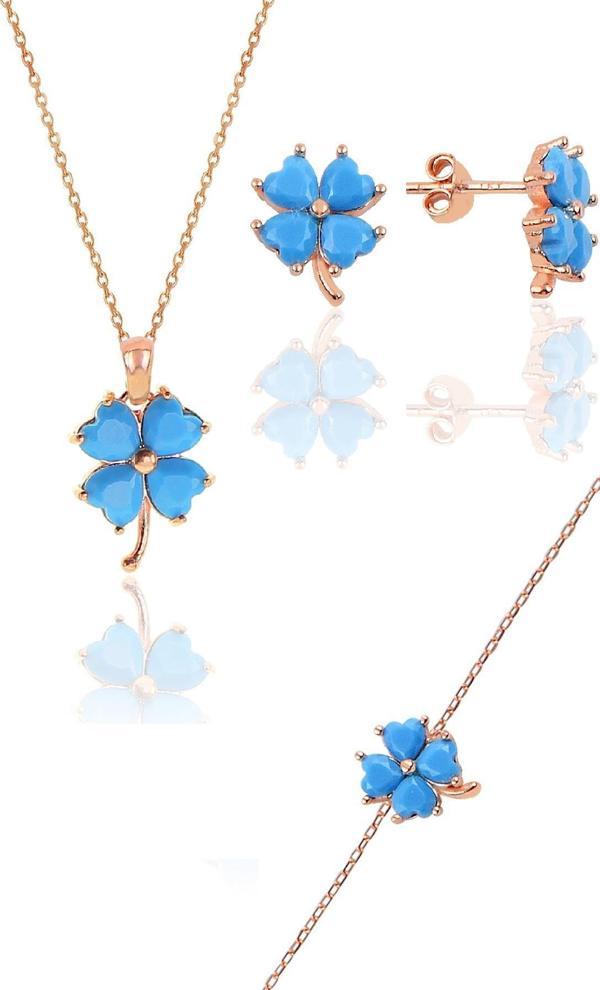 Gümüş rose turkuaz taşlı yonca modeli üçlü set  - Image 1