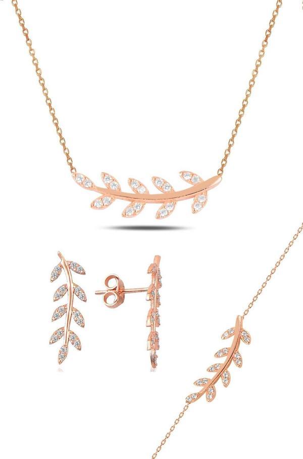 Gümüş rose zirkon taşlı yaprak  üçlü set  - Image 1