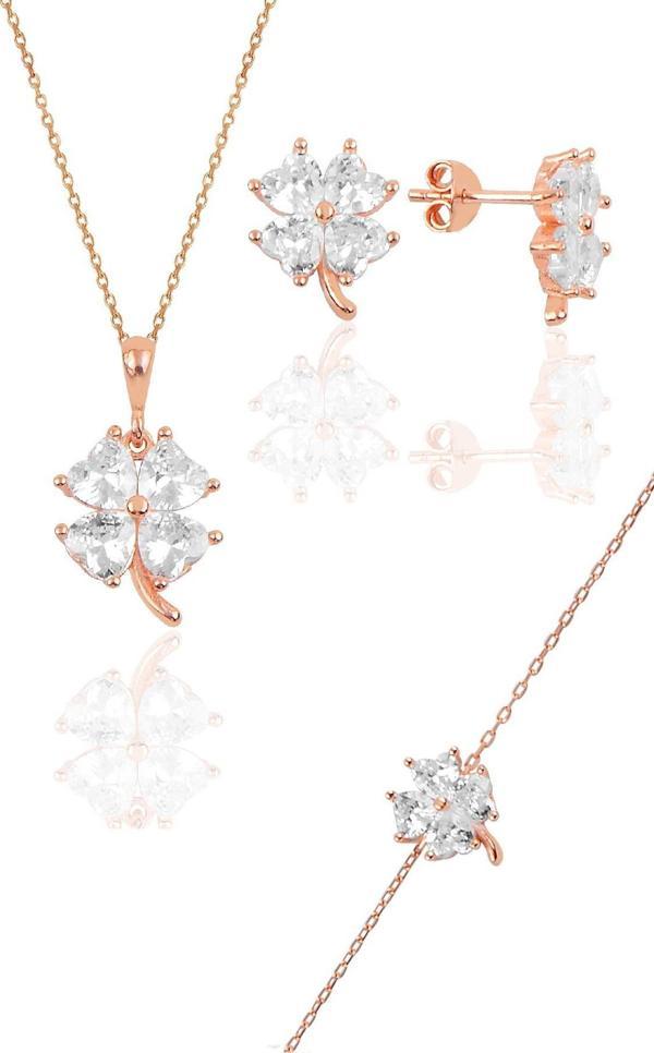 Gümüş rose zirkon taşlı yonca modeli üçlü set  - Image 1