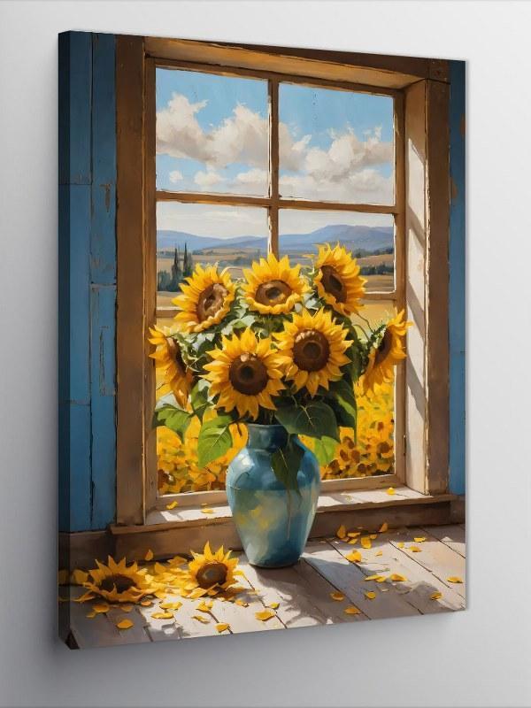 Kanvas Tablo Pencere Önünde Ayçiçekleri - Image 1