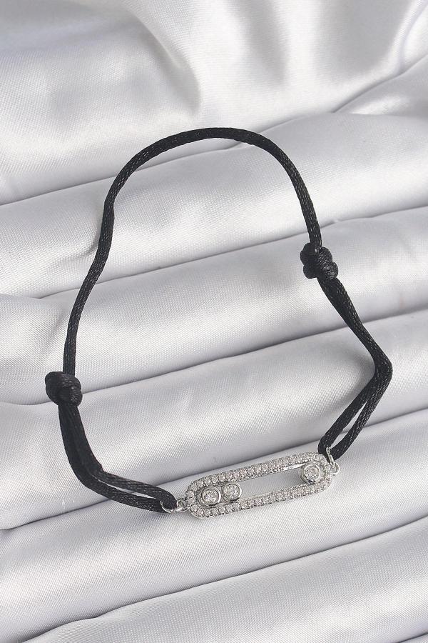Siyah Renk İpli Asansör Zirkon Taşlı Gümüş Messika Model Kadın Bileklik - TJ-BB6580 - Image 1