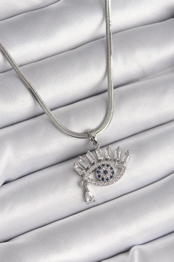 316L Çelik Gümüş Renk İtalyan Zincir Zirkon Taşlı Göz Model Kadın Kolye - TJ-BKO9598 - Image 1