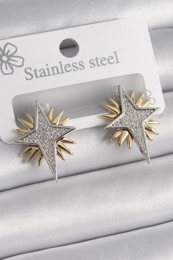 Pirinç Gold Gümüş Renk Zirkon Taşlı Kutup Yılıdız Model Kadın Küpe - TJ-BKP9874 - Image 1