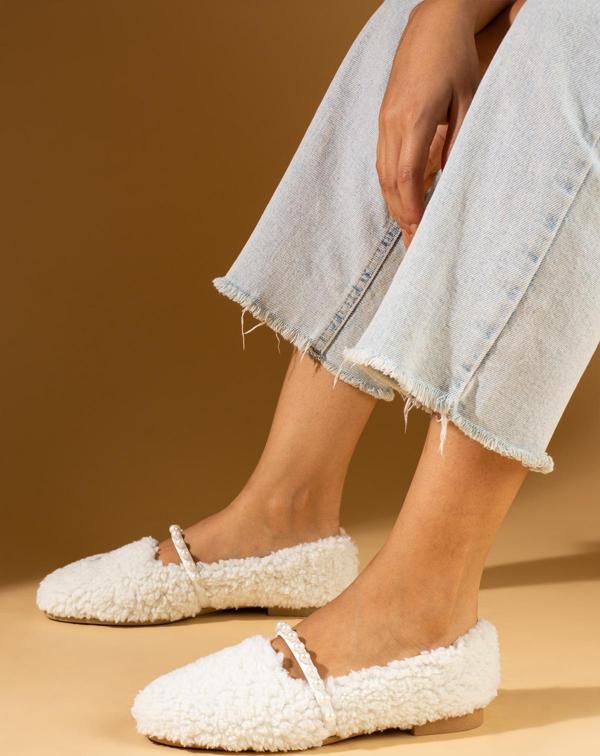 Pembe Potin İçi Dışı Yünlü İnci Detaylı Kadın Babet 81-20-24 - Image 1