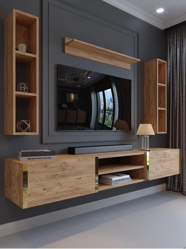 Myniture Home & Living Festival Tv Ünitesi G13009-6 Atlantik Çam Gold Duvara Monte Tv Sehpası - Image 1