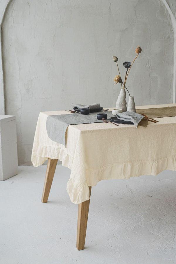 Wellstil Rufle | Keten Fırfırlı Bej Masa Örtüsü 140 X 180 Cm - Image 1
