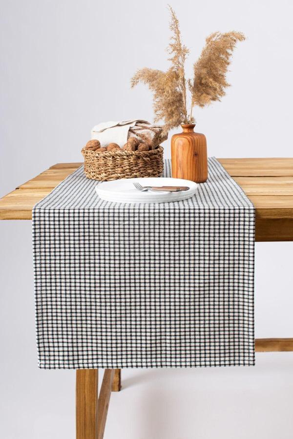 Wellstil Arya | Keten Piti Kareli Siyah Runner - Piknik Örtüsü 40 X 150 Cm - Image 1