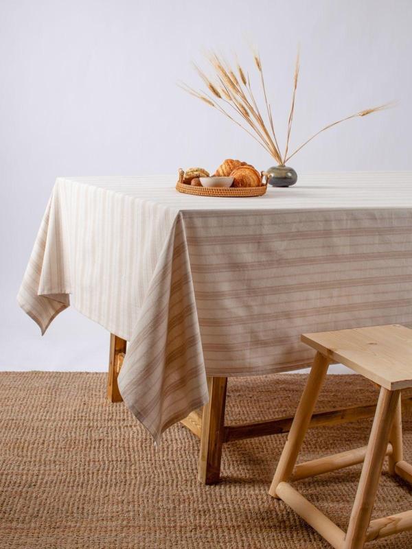 Wellstil Bohem | Kahverengi Çizgili Keten Masa Örtüsü 140 X 180 Cm - Image 1