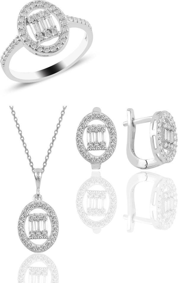 Gümüş rodyumlu oval gümüş düz baget taşlı üçlü set  - Image 1