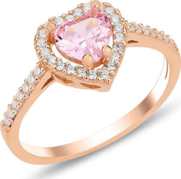 Gümüş rose pembe taşlı pırlanta montürlü Kalp modeli yüzük  - Image 1