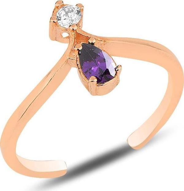 Gümüş rose mor taşlı taç modeli ayarlamalı damla yüzük  - Image 1