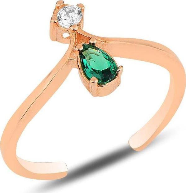 Gümüş rose yeşil taşlı taç modeli ayarlamalı damla yüzük  - Image 1