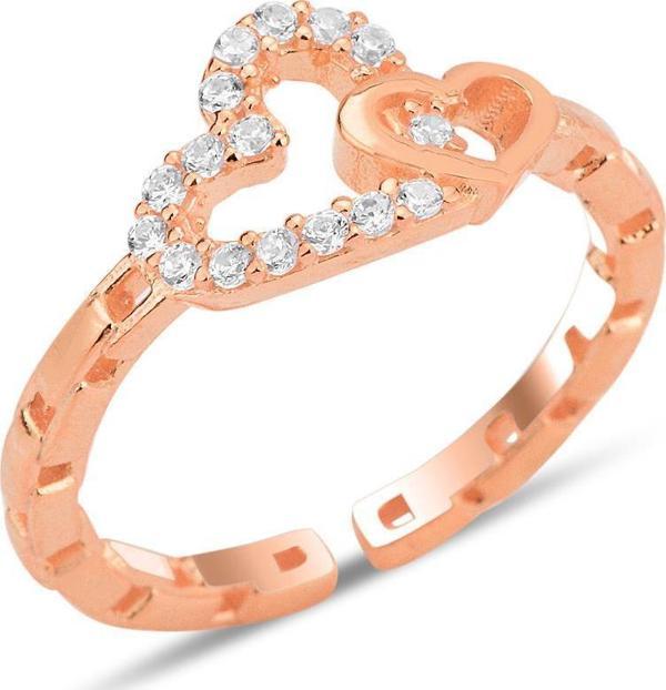 Gümüş rose zirkon taşlı alttan ayarlanabilir birbirine bağlı kalpler yüzük  - Image 1