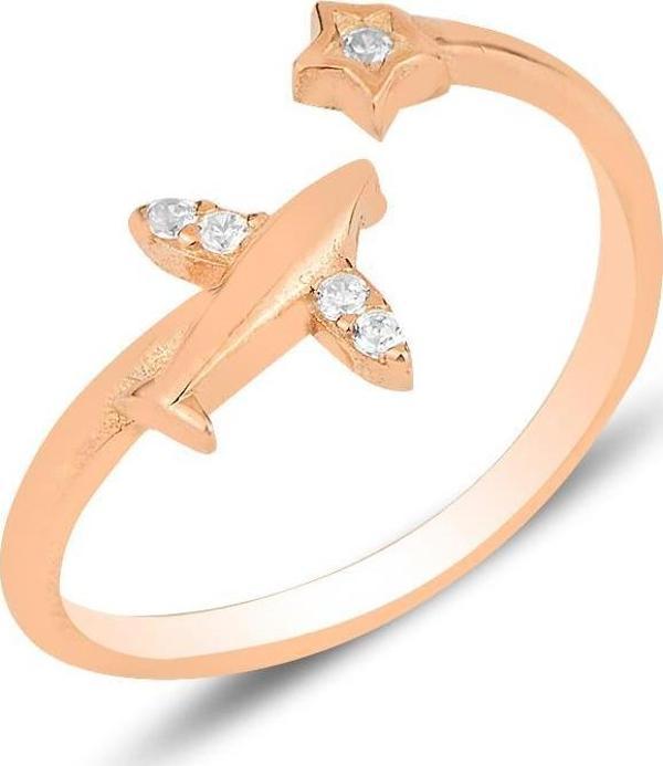 Gümüş rose zirkon taşlı uçak ve yıldız modeli ayarlamalı yüzük  - Image 1