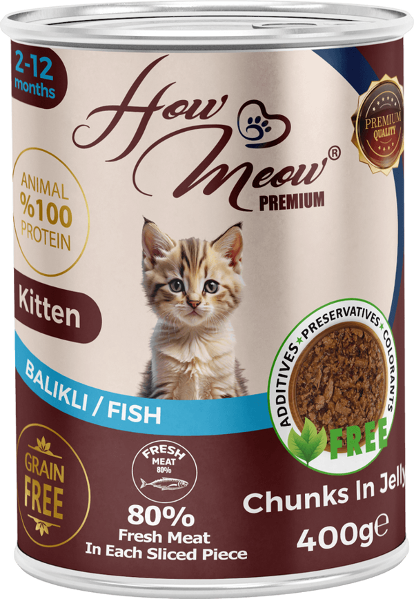 HOW MEOW 12 ADET JÖLELİ PARÇA ETLİ YAVRU KEDİ YAŞ MAMASI BALIKLI 400 GRAM - Image 1