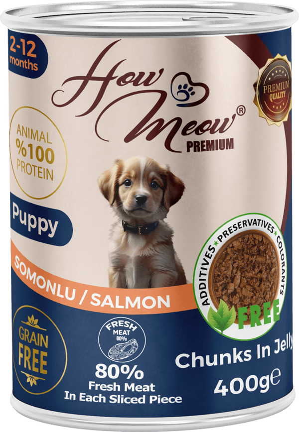 HOW MEOW 12 ADET JÖLELİ PARÇA ETLİ YAVRU KÖPEK YAŞ MAMASI SOMONLU 400 GRAM - Image 1