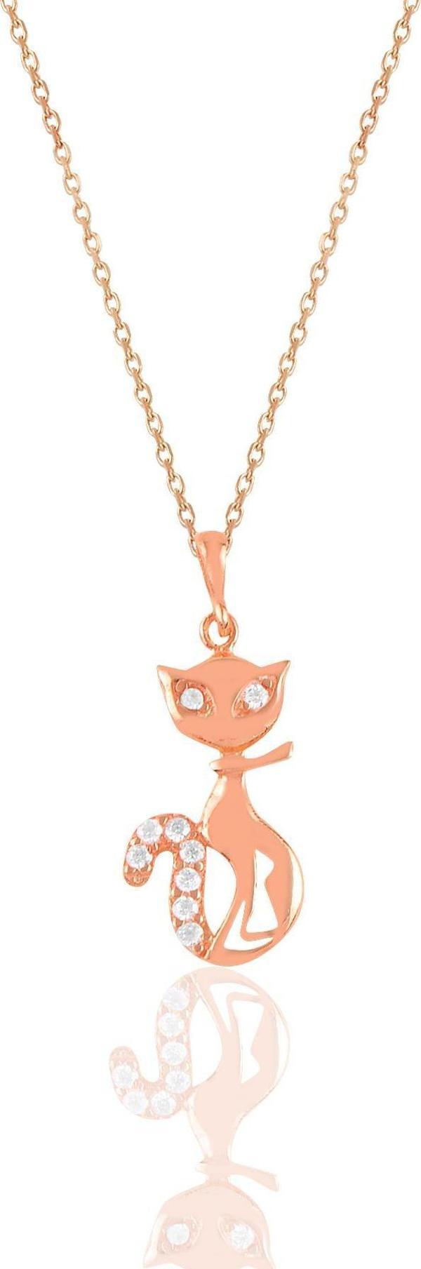Gümüş rose zirkon taşlı kedi kolye  - Image 1