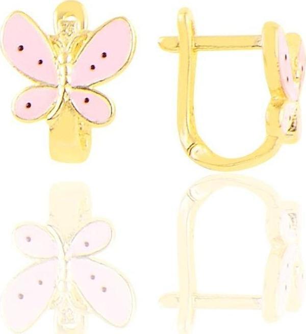 Gümüş altın yaldızlı pembe mineli klipsli kelebek çocuk küpesi  - Image 1
