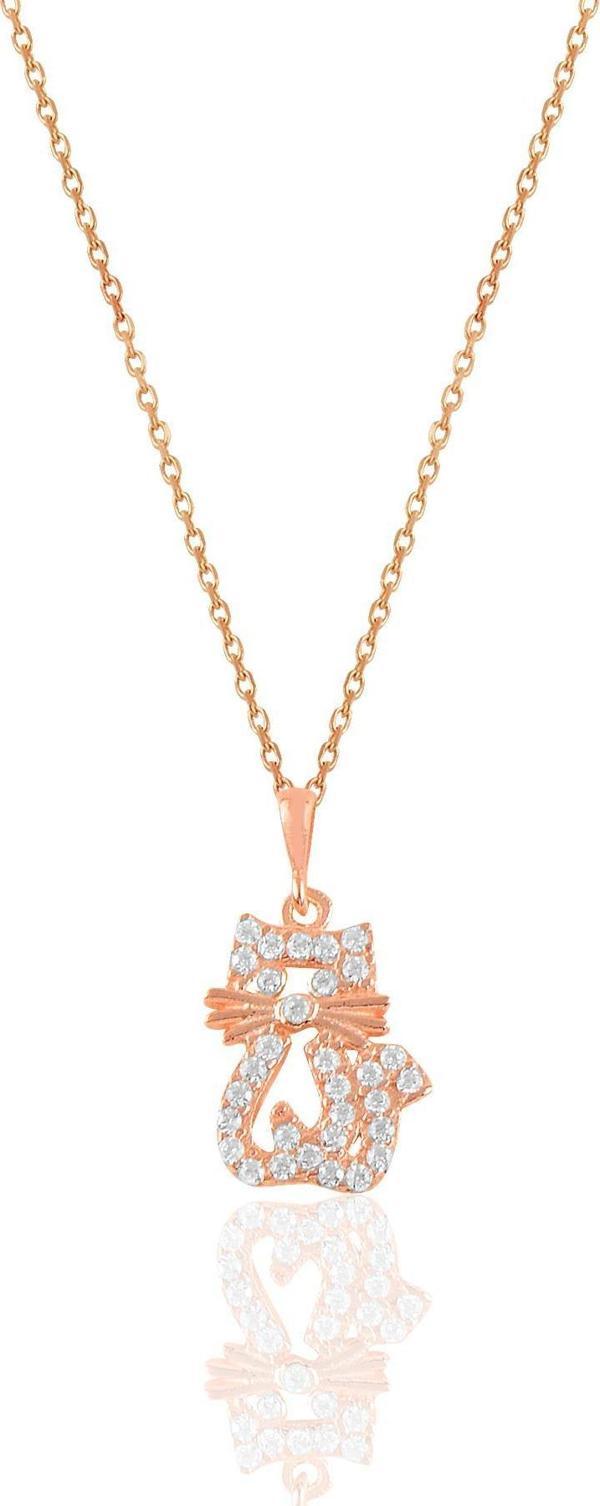 Gümüş rose zirkon taşlı kedi kolye.  - Image 1