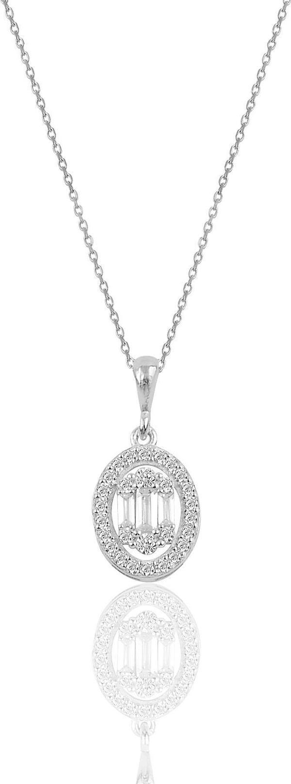 Gümüş rodyumlu oval gümüş baget taşlı kolye  - Image 1