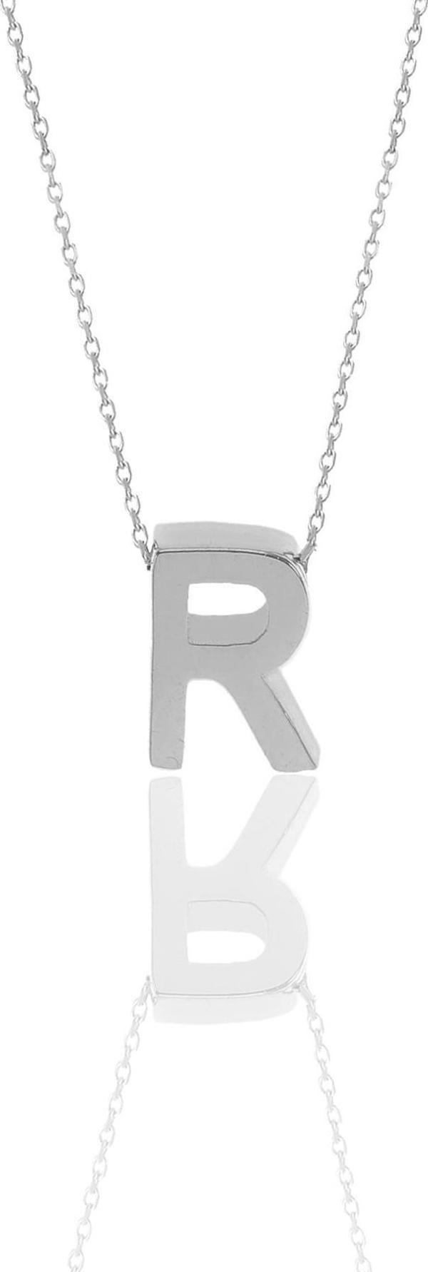 Gümüş rodyumlu üç boyutlu minimal  R harf kolye  - Image 1