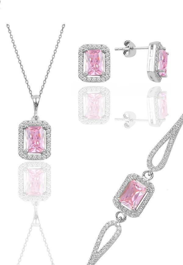 Gümüş rodyumlu pembe taşlı baget kesim üçlü set  - Image 1