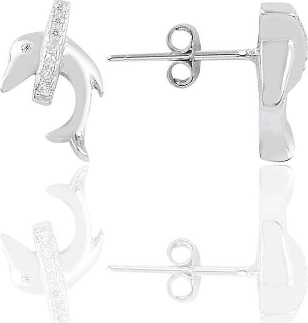 Gümüş rodyumlu zirkon taşlı yunus balığı küpe  - Image 1