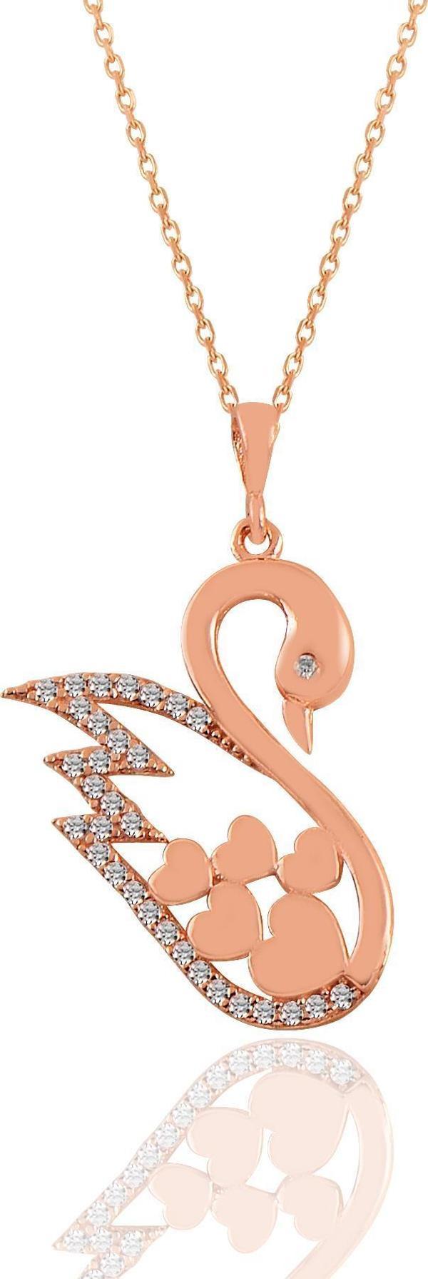 Gümüş rose zirkon taşlı kalpli kuğu kolye  - Image 1