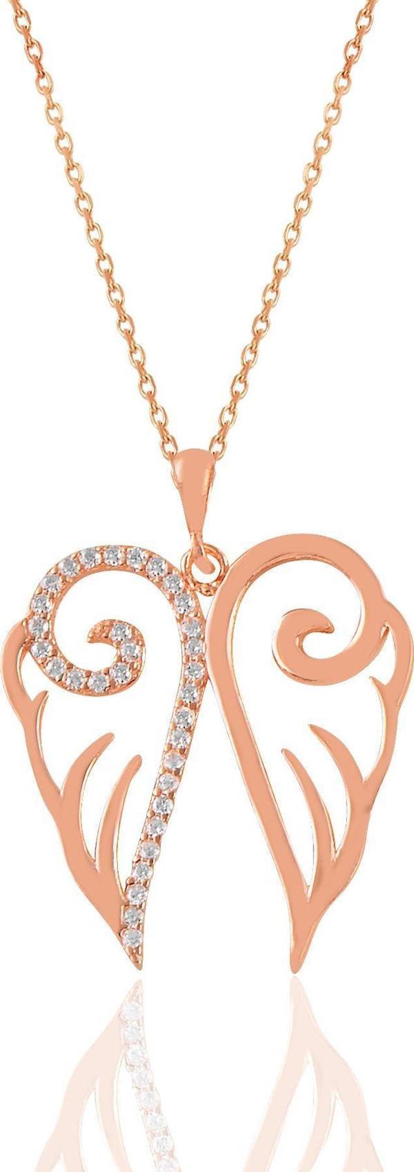 Gümüş rose zirkon taşlı işlemeli kanat kolye  - Image 1