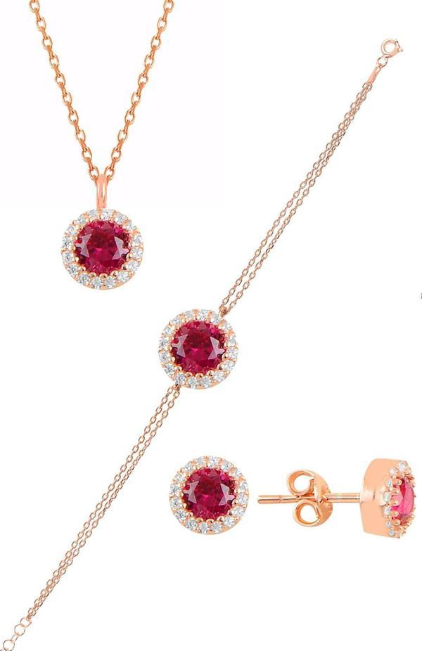 Gümüş rose zirkon ve  kök yakut taşlı pırlanta modeli üçlü set  - Image 1