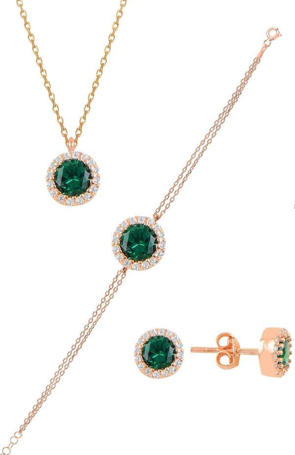 Gümüş rose zirkon ve  kök zümrüt taşlı pırlanta modeli üçlü set  - Image 1