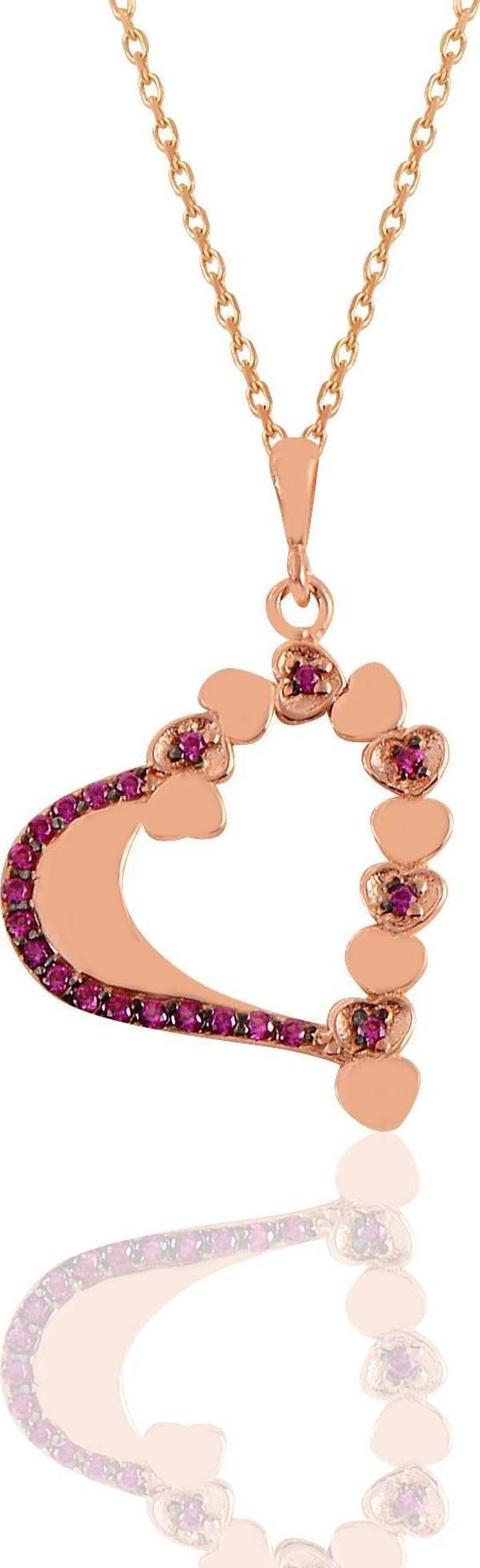 Gümüş rose fuşya taşlı kalpli aşk kolye  - Image 1