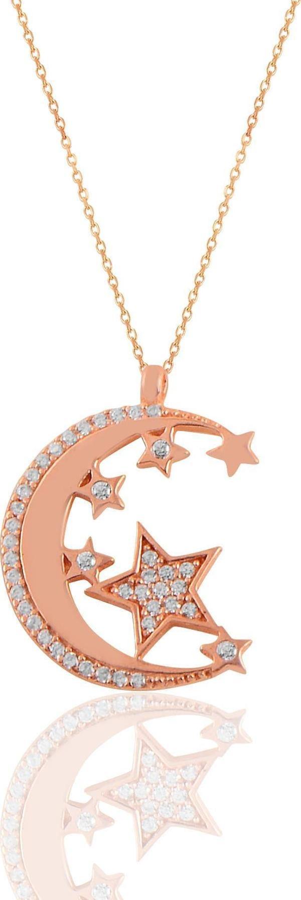 Gümüş rose zirkon taşlı ay ve yıldızlar kolye  - Image 1