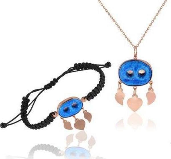 Gümüş rose süryani nazar boncuğu kolye ve bileklik ikili set  - Image 1