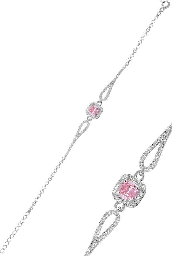 Gümüş rodyumlu pırlanta modeli pembe zirkon  taşlı  kare  bileklik   - Image 1