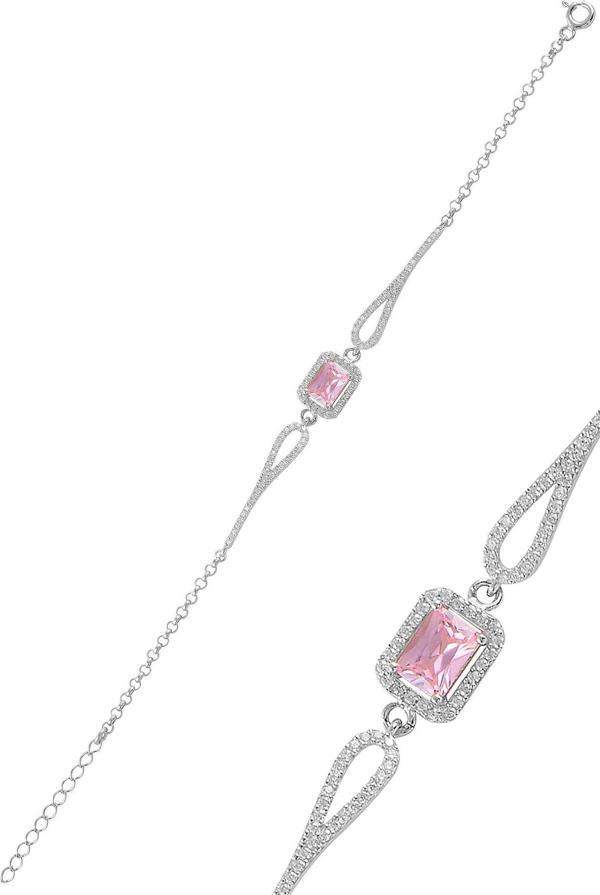 Gümüş rodyumlu pırlanta modeli pembe  zirkon taşlı  baget  bileklik   - Image 1
