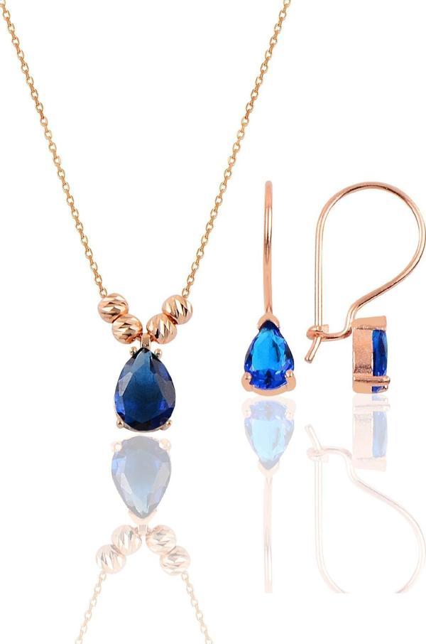 Gümüş rose safir renkli dorica damla kolye ve çengelli küpe seti   - Image 1
