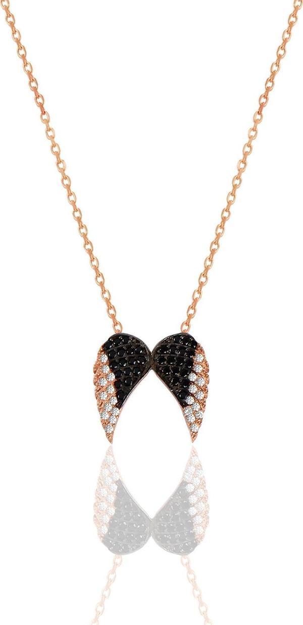 Gümüş rose zirkon ve onix taşlı kanat kolye   - Image 1