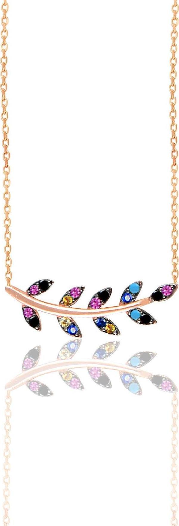 Gümüş rose renkli taşlı yaprak kolye  - Image 1