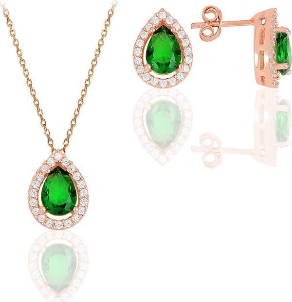 Gümüş rose kök zümrüt taşlı damla modeli ikili set  - Image 1