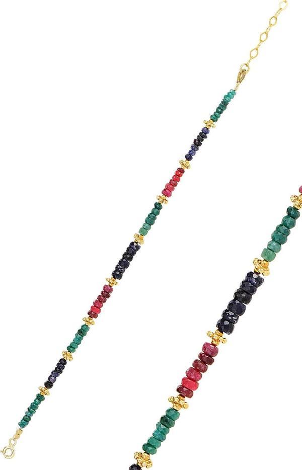 Gümüş altın yaldızlı kök yakut kök zümrüt ve safir doğal taşlı bileklik  - Image 1