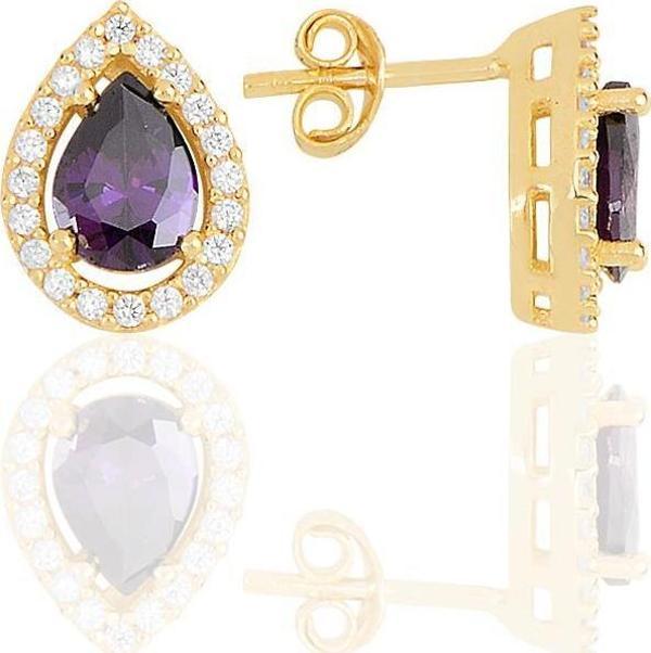 Gümüş altın yaldızlı ametis taşlı damla modeli küpe  - Image 1