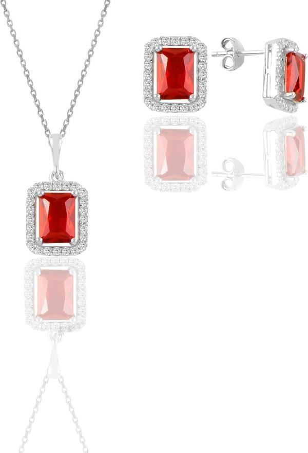 Gümüş rodyumlu kırmızı taşlı baget kesim ikili set  - Image 1