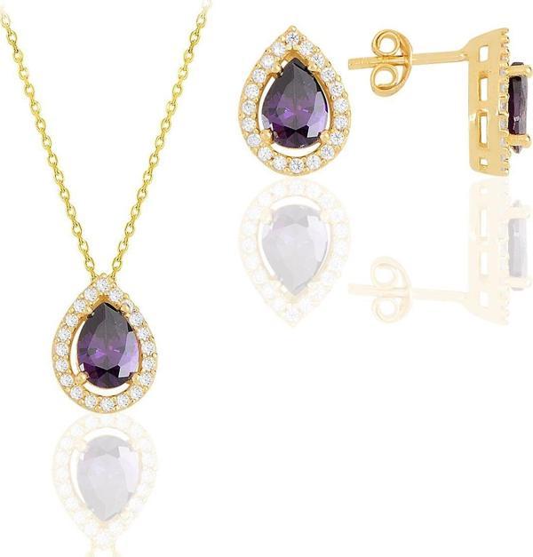 Gümüş altın yaldızlı ametis taşlı damla modeli ikili set  - Image 1