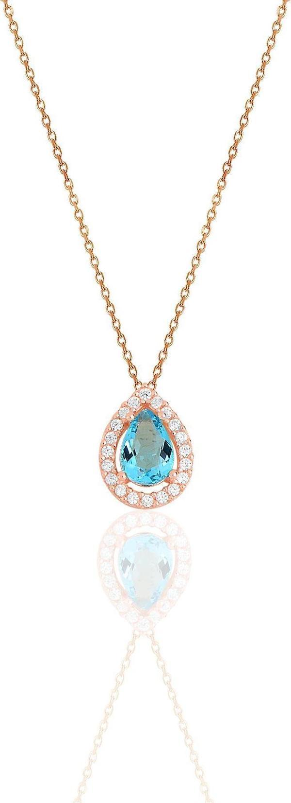 Gümüş rose akuamarin taşlı damla modeli kolye  - Image 1